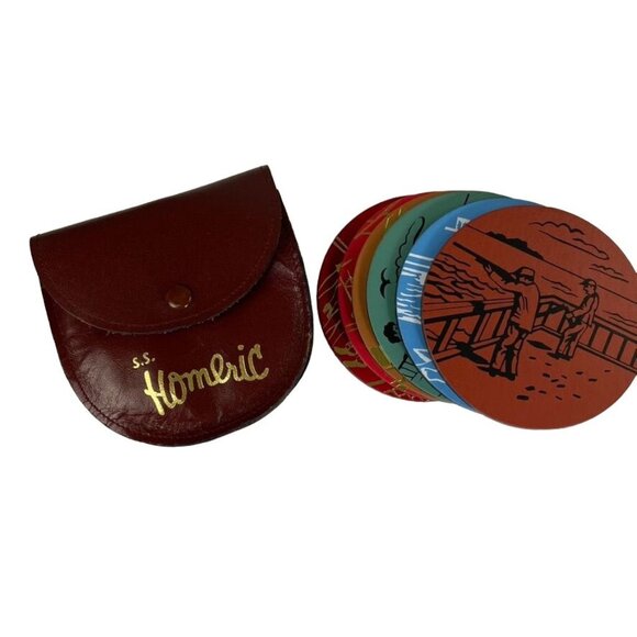 Vintage 7 Piece SS Homeric Ship Souvenir Coaster Set w Case 1960 u - Picture 1 of 3